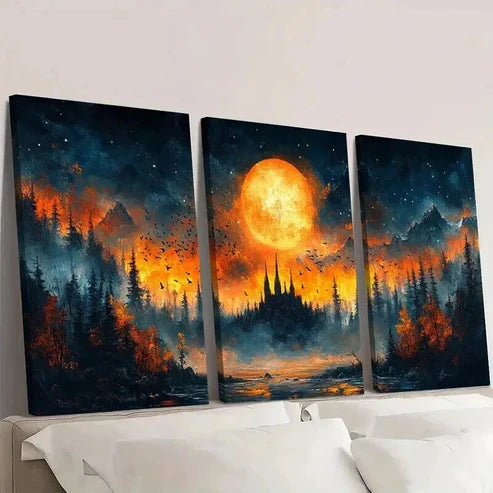 3pcs Mystical Night Scene with Full Moon Wall Art Canvas Unframed - High Quality Print 100% Australian Made Wall Canvas