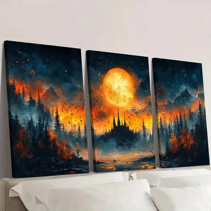 3pcs Mystical Night Scene with Full Moon Wall Art Canvas Unframed - High Quality Print 100% Australian Made Wall Canvas
