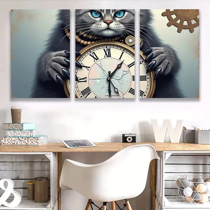 3pcs Grey Cat with Pocket Watch Spray Paint Art   Wall Art Set Canvas Framed 60x90cm - High Quality Print 100% Australian Made Wall Canvas Ready to Hang