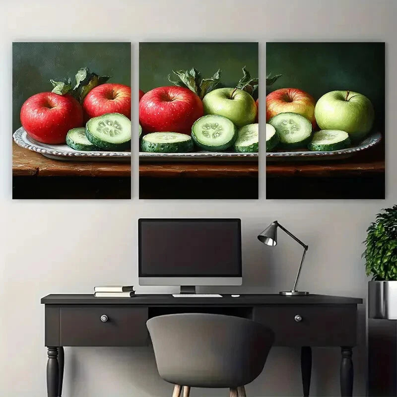 3pcs Food Still Life of Fresh Cucumbers and Apples Metal Print Ready to Hang Art - Bella Home Decor