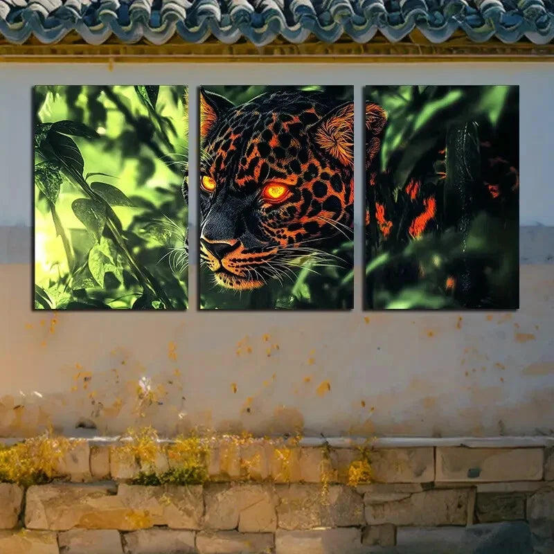3pcs Black Panther Tropical Rainforest Jungle Metal Print Ready to Hang Art - Bella Home Decor