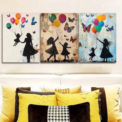 3pcs Little girl and butterfly balloon Wall Art Set Canvas Unframed - High Quality Print 100% Australian Made Wall Canvas