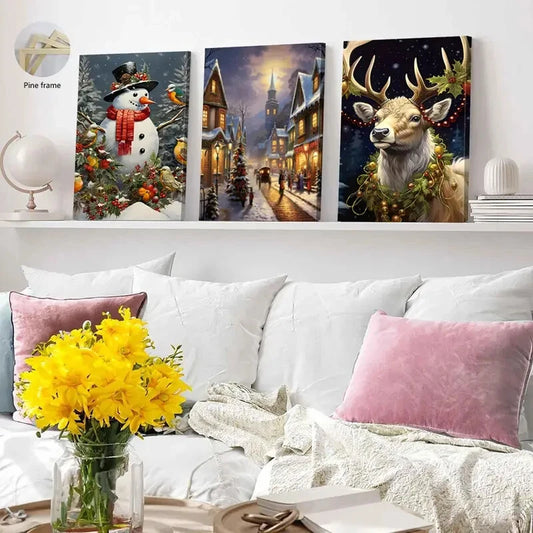 3pcs Winter Scenes Snowmen Wall Art Set Canvas Framed 50x70cm - High Quality Print 100% Australian Made Wall Canvas Ready to Hang