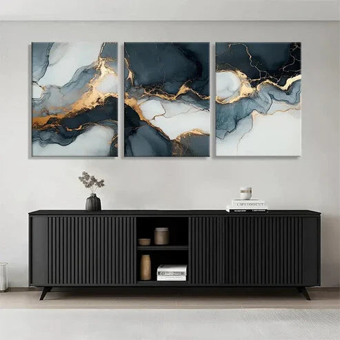 3pcs Elegant Marble Dark Blue and Golden Perfect Wall Art Set Canvas Unframed - High Quality Print 100% Australian Made Wall Canvas