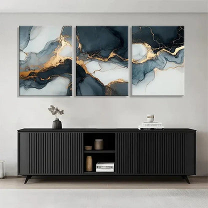 3pcs Elegant Marble Dark Blue and Golden Perfect Wall Art Set Canvas Unframed - High Quality Print 100% Australian Made Wall Canvas