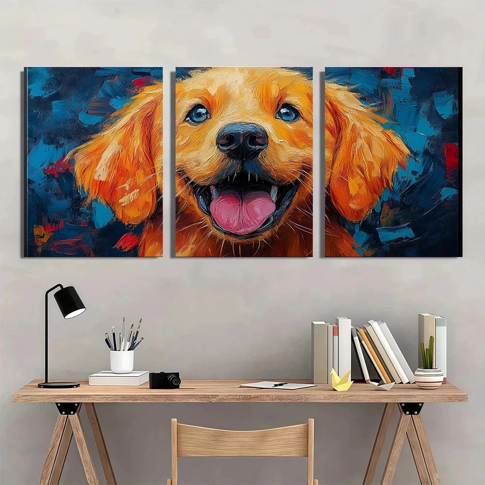 3pcs Painting Playful Dog Animal Themed Wall Art Set Canvas Framed 50x70cm - High Quality Print 100% Australian Made Wall Canvas Ready to Hang