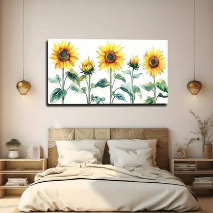 Decorative wall art of sunflowers above a bed in a bedroom.