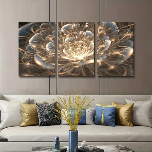 3pcs Golden Lotus Modern Art Deco Floral Wall Art Set Canvas Unframed - High Quality Print 100% Australian Made Wall Canvas - Bella Home Decor
