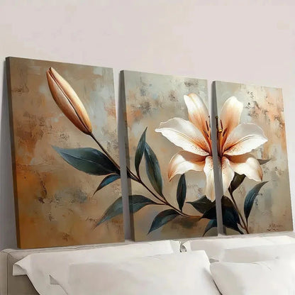 3pcs White Lily Art Beige Painting Print D   Wall Art Set Canvas Framed 50x70cm - High Quality Print 100% Australian Made Wall Canvas Ready to Hang