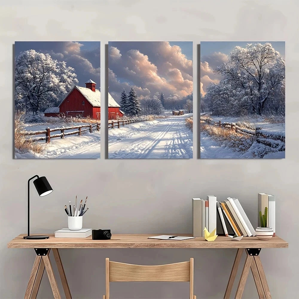 3pcs Winter Scene with Red Barn & Snowy Metal Print Ready to Hang Art - Bella Home Decor