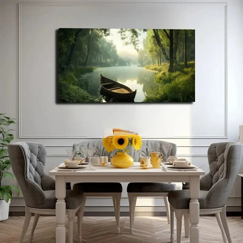 Dining room with a large wall art depicting a serene forest scene with a lake and boat.