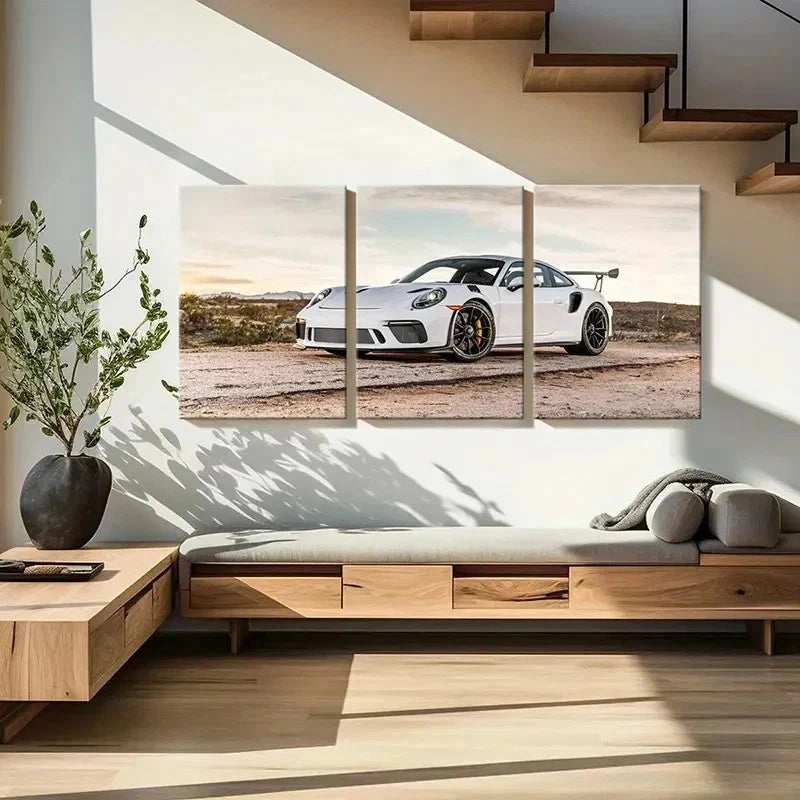 3pcs Sleek Sports Car White Porsche Wall Art Set Canvas Framed 40x60cm - High Quality Print 100% Australian Made Wall Canvas Ready to Hang