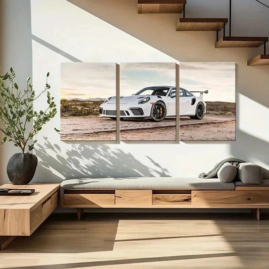 3pcs Sleek Sports Car White Porsche Wall Art Set Canvas Framed 40x60cm - High Quality Print 100% Australian Made Wall Canvas Ready to Hang