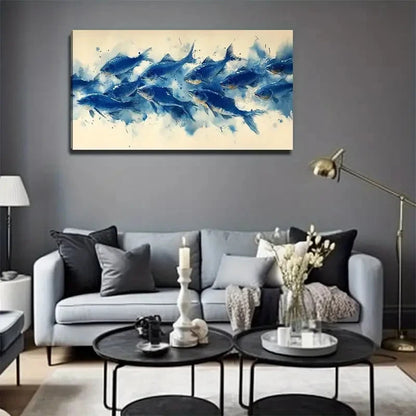 Blue Fish School Suitable Wall Art Canvas Office Home Room Framed 120x60cm