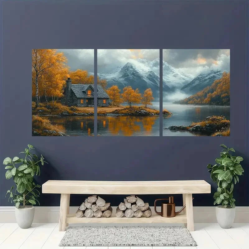 3pcs Serene Nature Landscape with Cozy Cottage Metal Print Ready to Hang Art - Bella Home Decor