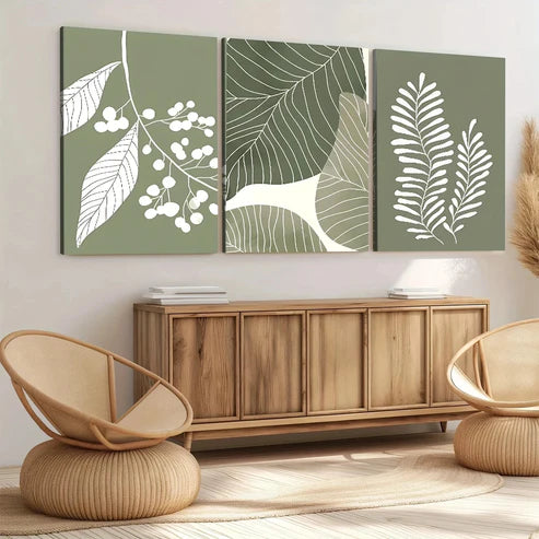 3pcs Bohemian Style Sage Green Plant Leaves Wall Art Set Canvas Unframed - High Quality Print 100% Australian Made Wall Canvas - Bella Home Decor