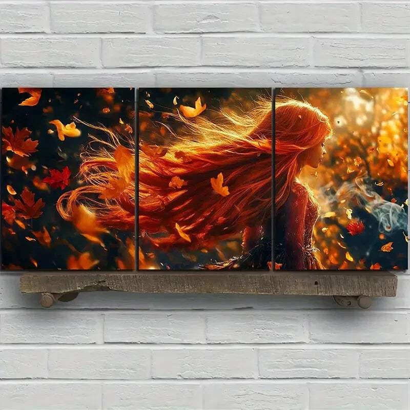 3pcs Woman Dancing in The Wind Golden Themed Metal Print Ready to Hang Art - Bella Home Decor