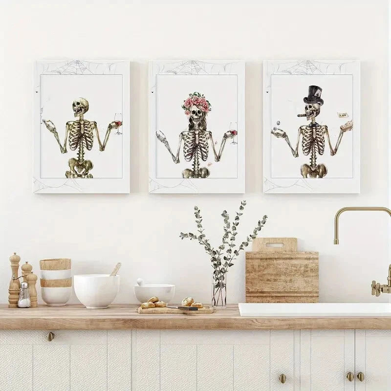3pcs Spooky Season Halloween Skeleton Watercolor Metal Print Ready to Hang Art - Bella Home Decor