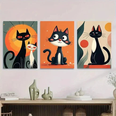 3pcs Charming Cat Animal Lovers Black Wall Art Canvas Unframed - High Quality Print 100% Australian Made Wall Canvas - Bella Home Decor