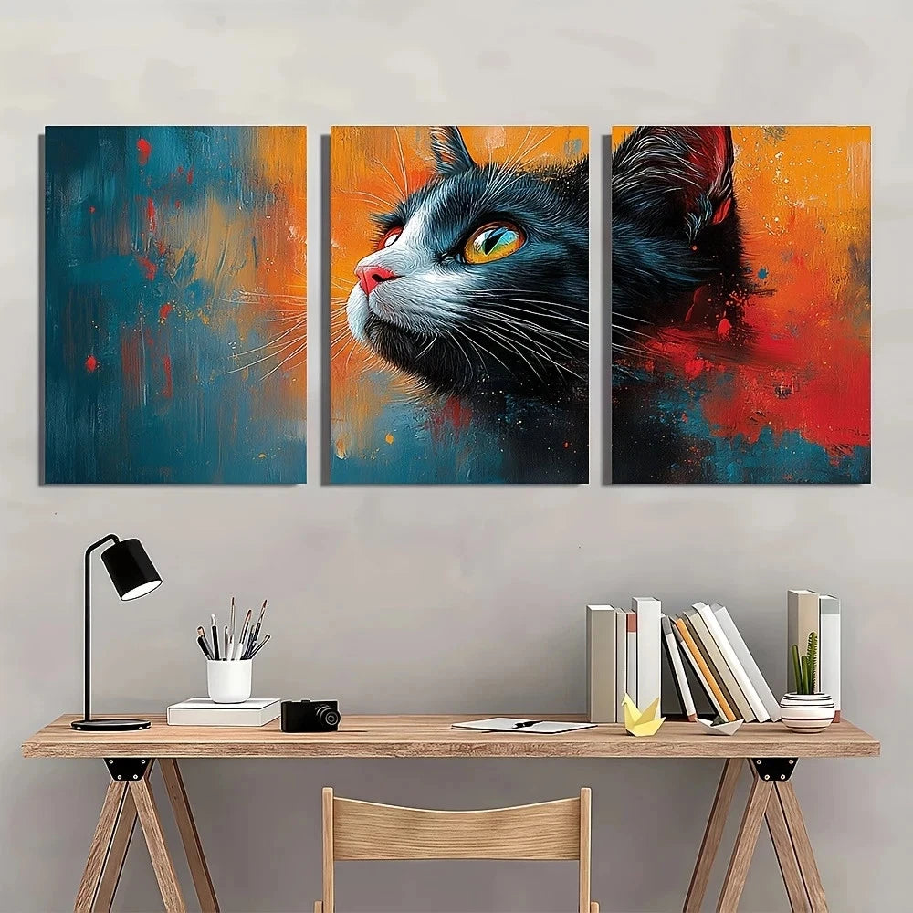3pcs Colorful Abstract Vibrant Cat Metal Print Ready to Hang Art - Bella Home Decor