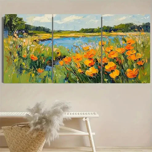 3pcs Orange Meadow & Lake Landscape, Impasto Wall Art Set Canvas Unframed - High Quality Print 100% Australian Made Wall Canvas