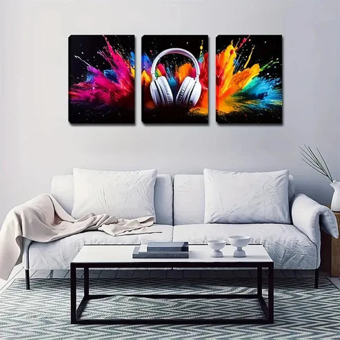 3pcs Vibrant Headphone Explosion Wall Art Set Canvas Unframed - High Quality Print 100% Australian Made Wall Canvas