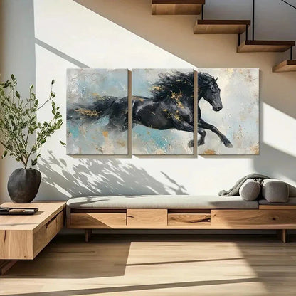 3pcs Black Golden Horse Running Abstract Art Metal Print Ready to Hang Art