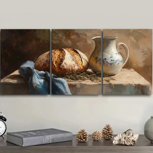 3pcs Still life of bread and kettle Metal Print Ready to Hang Art