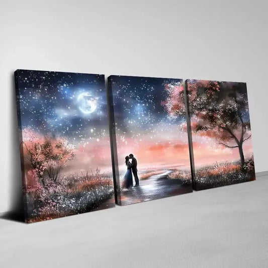 3pcs Romantic Couple In The Moonlight Wall Art Set Canvas Framed 50x70cm - High Quality Print 100% Australian Made Wall Canvas Ready to Hang
