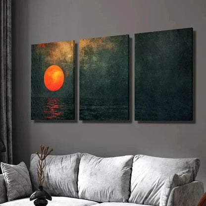 3pcs Red Sun over Emerald Green Sea Wall Art Set Canvas Framed 60x90cm - High Quality Print 100% Australian Made Wall Canvas Ready to Hang