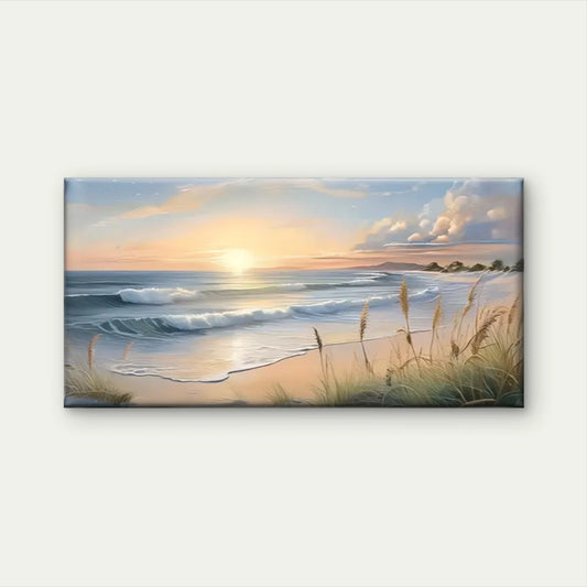 Beach Waves Grass Sunset Wall Art Canvas Office Home Room Framed 120x60cm