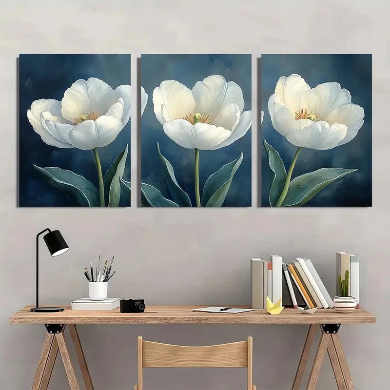 3pcs Elegant White Tulips Floral Watercolor Metal Print Ready to Hang Art - Bella Home Decor
