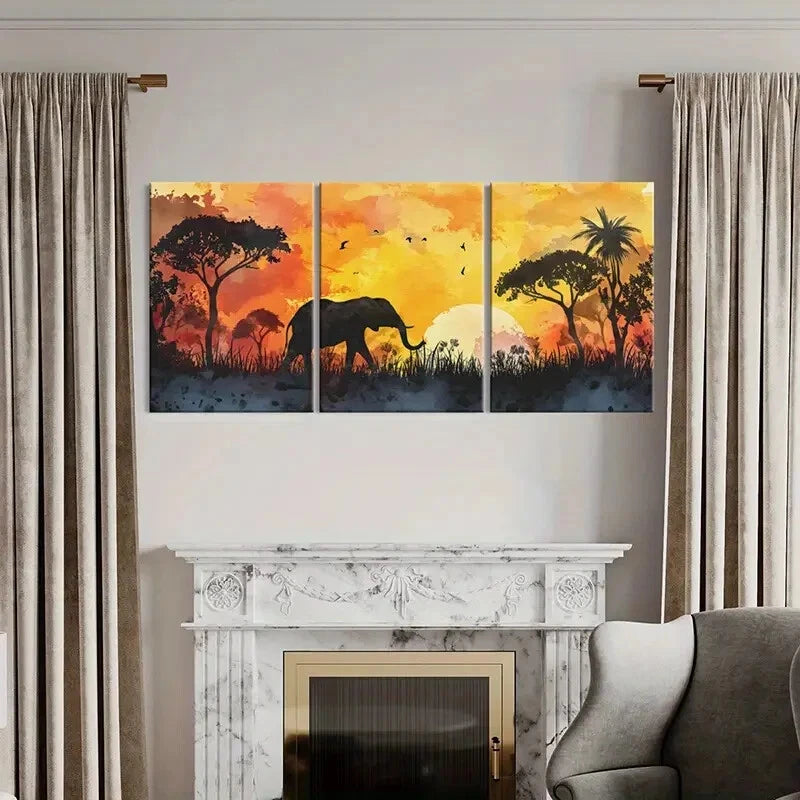 3pcs African Sunset Silhouette Elephant Landscape Metal Print Ready to Hang Art - Bella Home Decor
