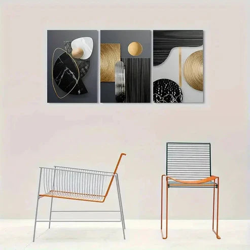 3pcs Modern Abstract Geometric Black & Golden Wall Art Set Canvas Unframed - High Quality Print 100% Australian Made Wall Canvas