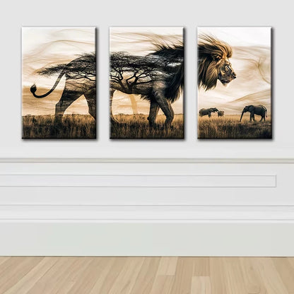 3pcs Male Lion Forest illustration Wall Art Set Canvas Framed 50x70cm - High Quality Print 100% Australian Made Wall Canvas Ready to Hang