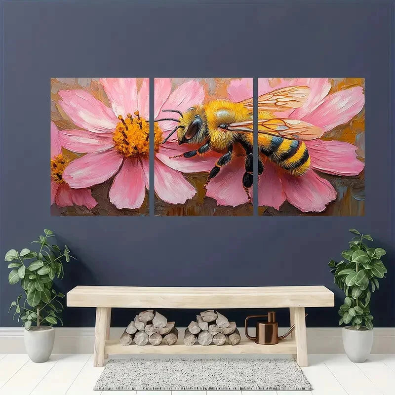 3pcs Vibrant Honeybee and Pink Flower Impasto Metal Print Ready to Hang Art - Bella Home Decor