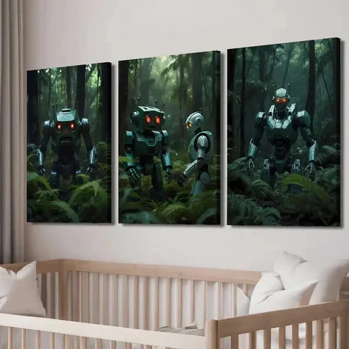 3pcs Futuristic Robots in the Forest Wall Art Set Canvas Unframed - High Quality Print 100% Australian Made Wall Canvas - Bella Home Decor