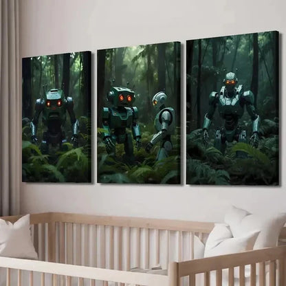 3pcs Futuristic Robots in the Forest Wall Art Set Canvas Unframed - High Quality Print 100% Australian Made Wall Canvas - Bella Home Decor