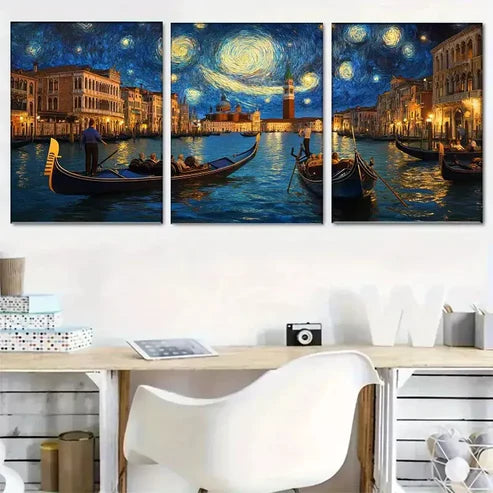 3 PCS Dreamy Deep Blue Starry Night in Venice Wall Art Set Canvas Unframed - High Quality Print 100% Australian Made Wall Canvas - Bella Home Decor