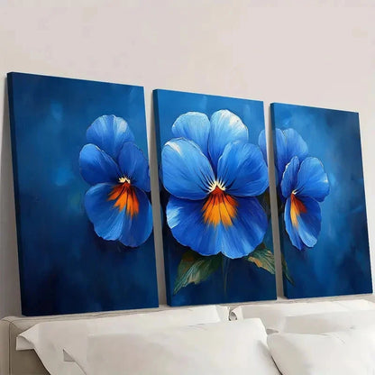 3pcs Pansy Oil Print Flowers Blue TU  Wall Art Set Canvas Framed 40x60cm - High Quality Print 100% Australian Made Wall Canvas Ready to Hang