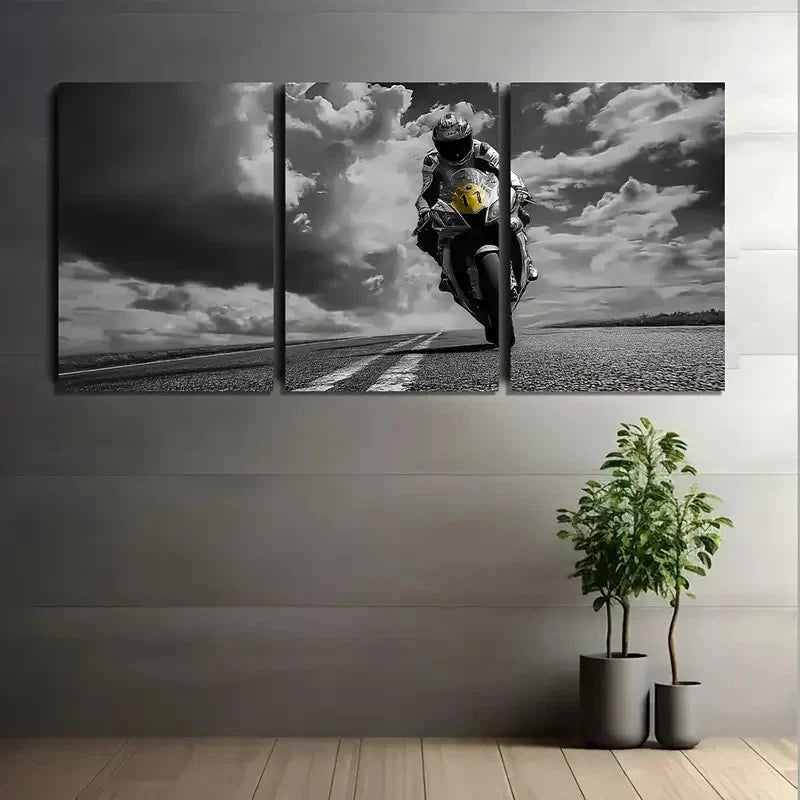 3pcs Black & White Motor Cyclist Art Painting Metal Print Ready to Hang Art - Bella Home Decor