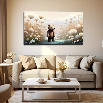 Teddy Bear In White Wildflowers Wall Art Canvas Office Home Room Framed 120x60cm