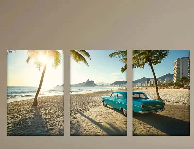 3pcs Blue Car & Palm Tree Beach Scene Metal Print Ready to Hang Art - Bella Home Decor