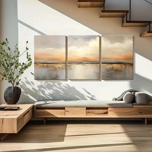3pcs Abstract Golden Hour Lake Reflection Wall Art Set Canvas Framed 60x90cm - High Quality Print 100% Australian Made Wall Canvas Ready to Hang
