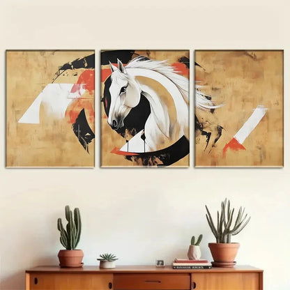 3pcs Abstract Horse Golden Accents and Black Metal Print Ready to Hang Art - Bella Home Decor