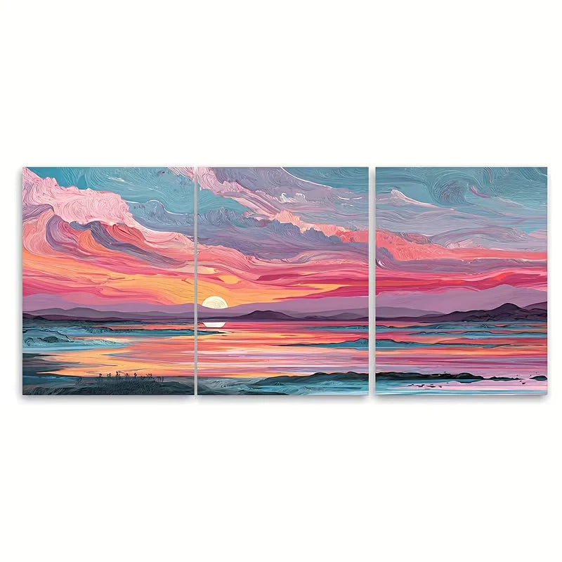 3pcs Vibrant Sunset & Ocean View Metal Print Ready to Hang Art