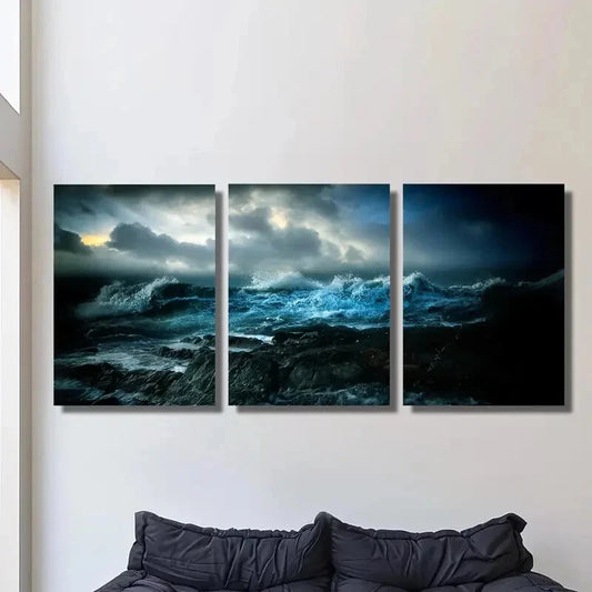 3pcs , Amazing Ocean Waves at Night, Deep Blue Metal Print Ready to Hang Art