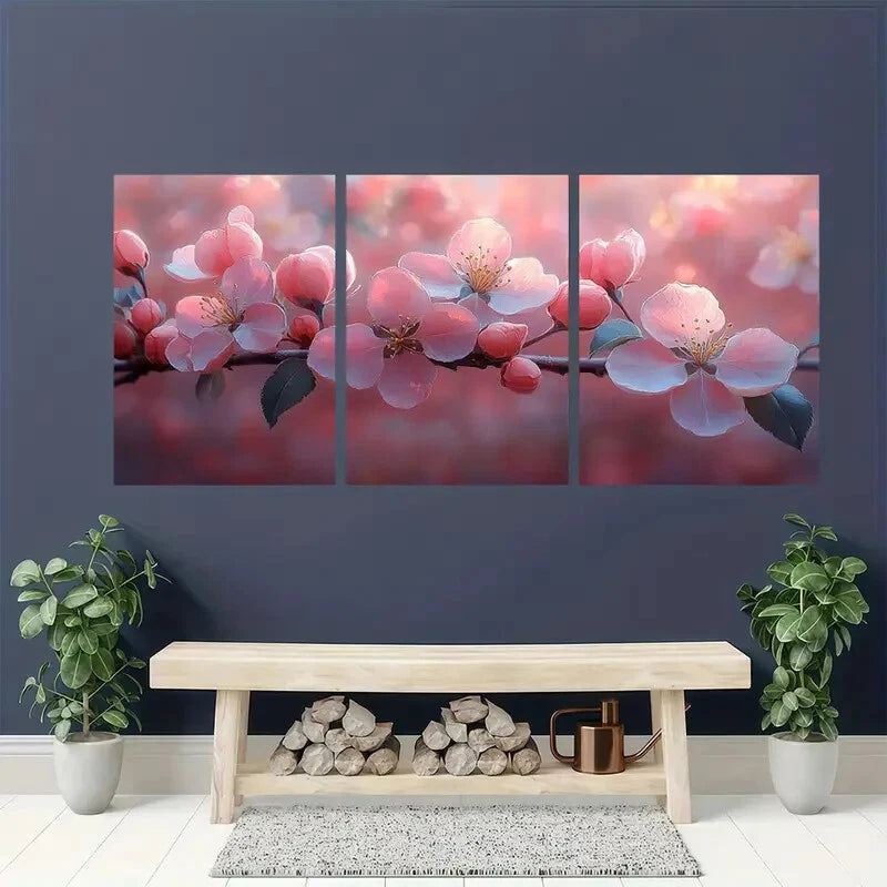 3pcs Pink &White Flower Branches on Red Background Metal Print Ready to Hang Art - Bella Home Decor