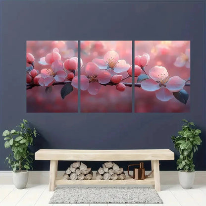 3pcs Pink &White Flower Branches on Red Background Metal Print Ready to Hang Art - Bella Home Decor