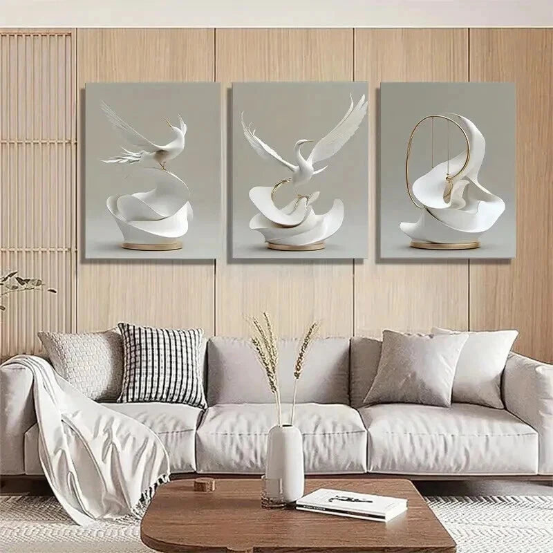 3pcs Elegant White Crane Modern Luxury Perfect Wall Art Set Canvas Framed 60x90cm - High Quality Print 100% Australian Made Wall Canvas Ready to Hang